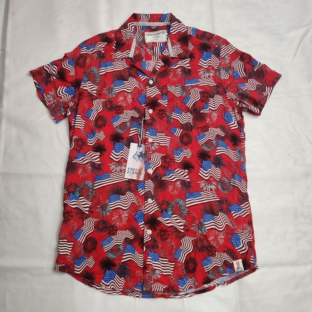 3/$25 Free Planet red USA 4th of July button down mens size XS american flag new